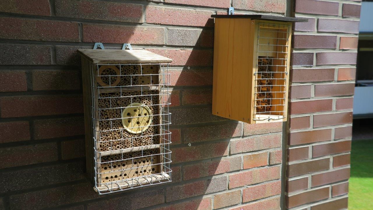 Die beiden Wildbienen-Nisthilfen mit Vogelschutzgitter