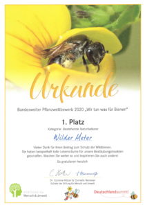 Urkunde Pflanzwettbewerb "Wir tun was für Bienen": 1 Platz in der Kategorie "Bestehende Naturbalkone"
