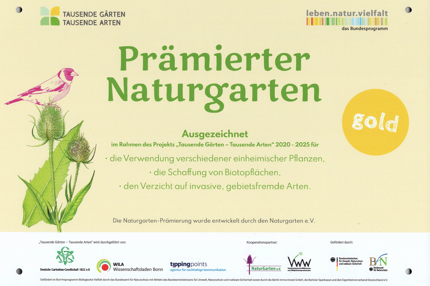 Prämierter Naturgarten Gold im Projekt Tausende Gärten - Tausende Arten
