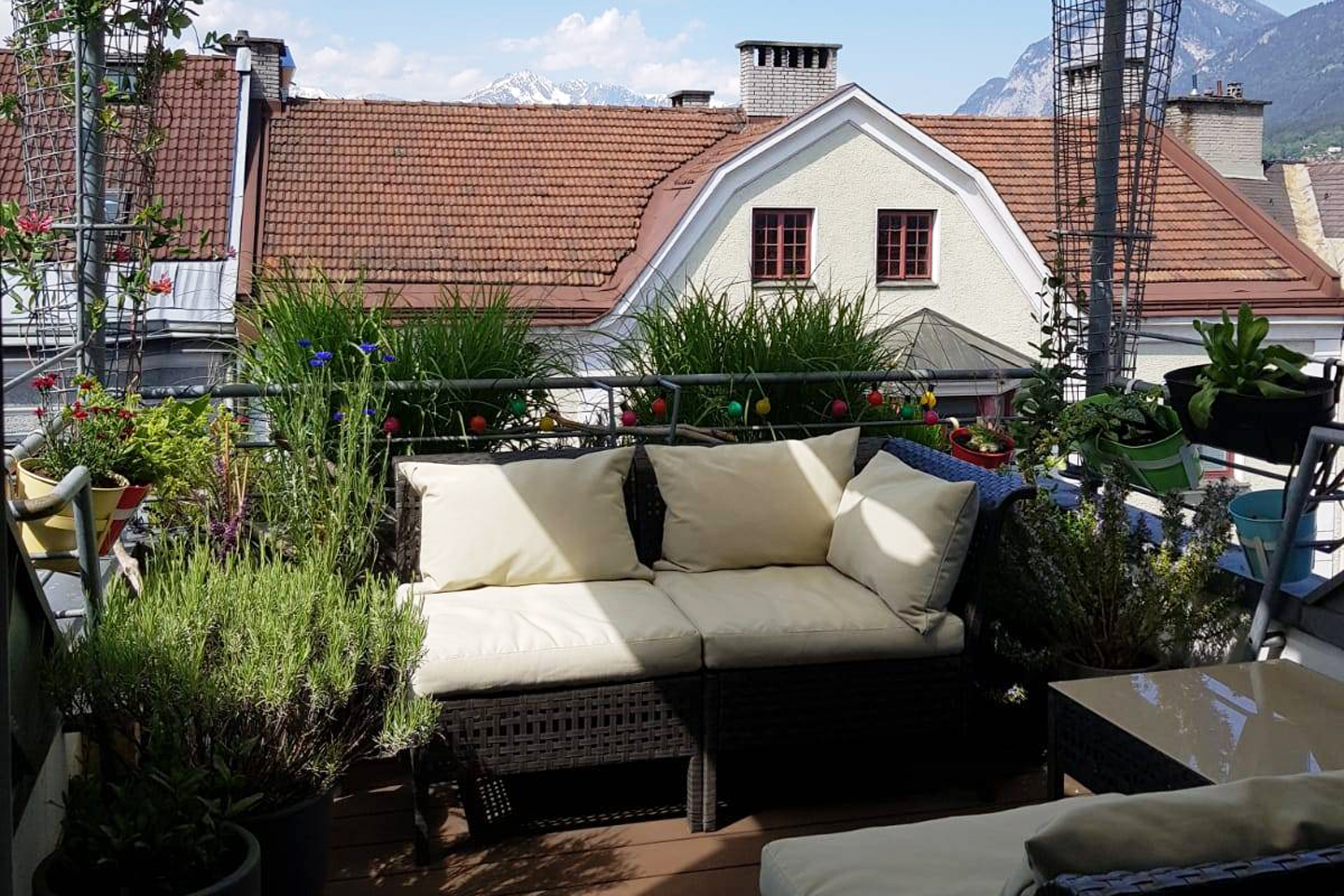 Die Terrasse im Sommer 2020, viel blühte nicht, aber zwei Lungenkräuter waren schon gepflanzt.