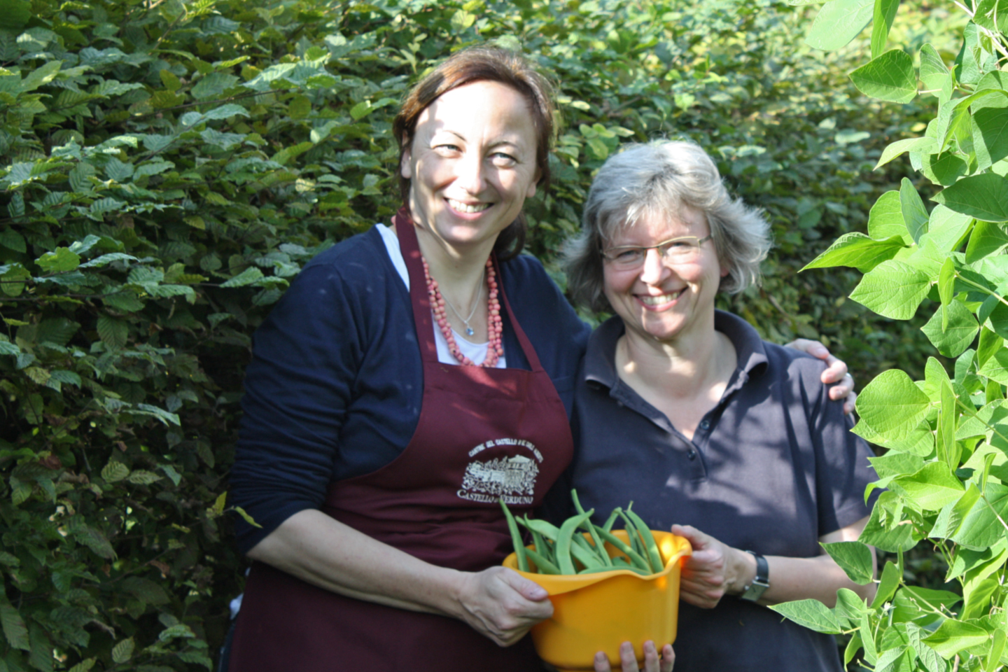 Margret und Katharina ernten Stangenbohnen im nordhessischen Gemüsegarten.